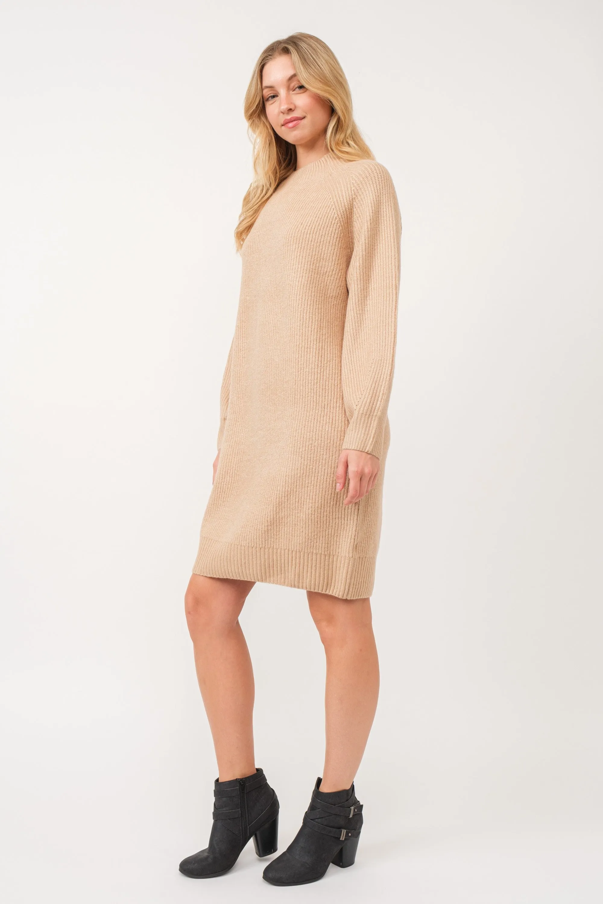 Beige Mock Neck Sweater Dress