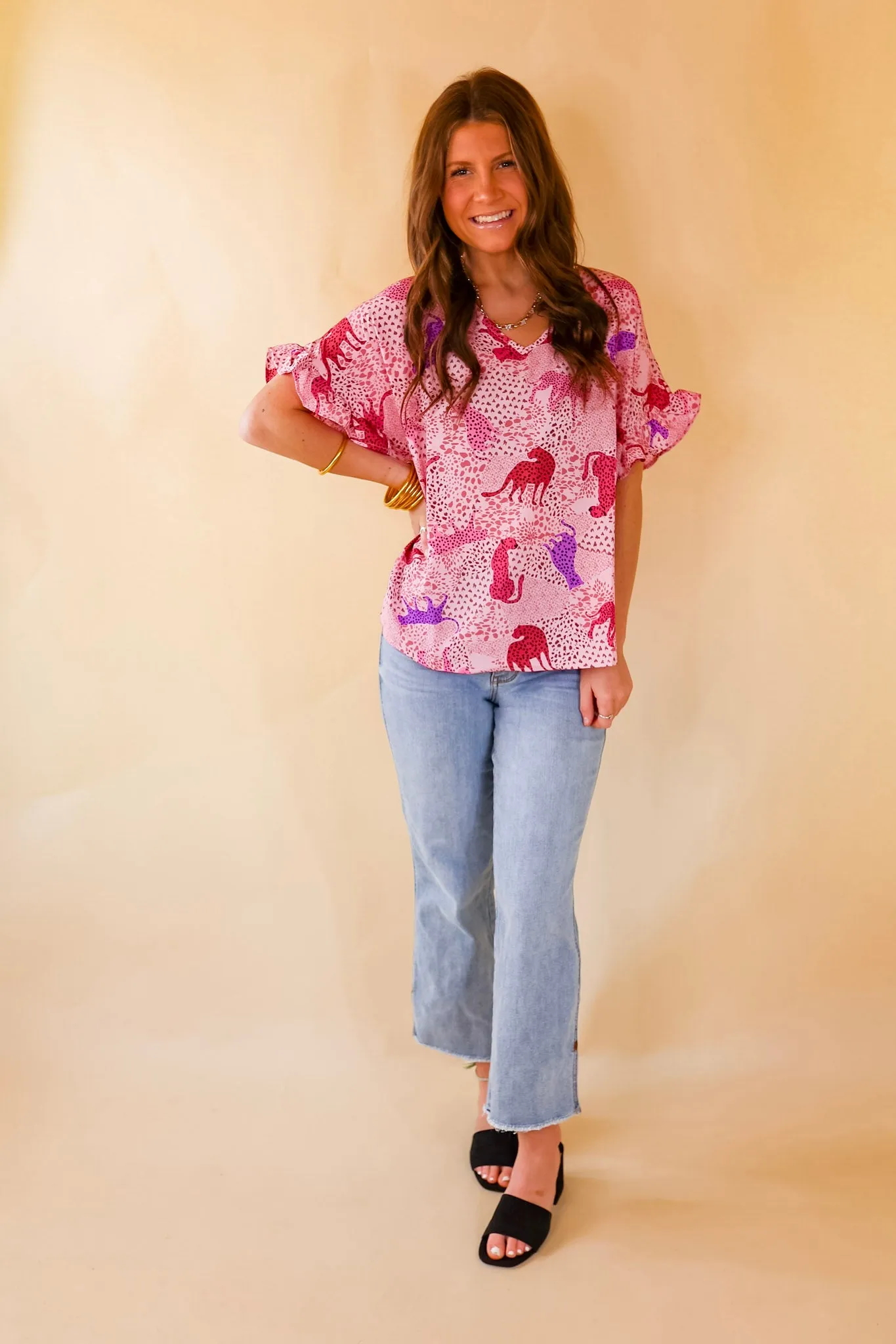 Best Version Cheetah Print V Neck Top with Ruffle Short Sleeves in Pink Mix