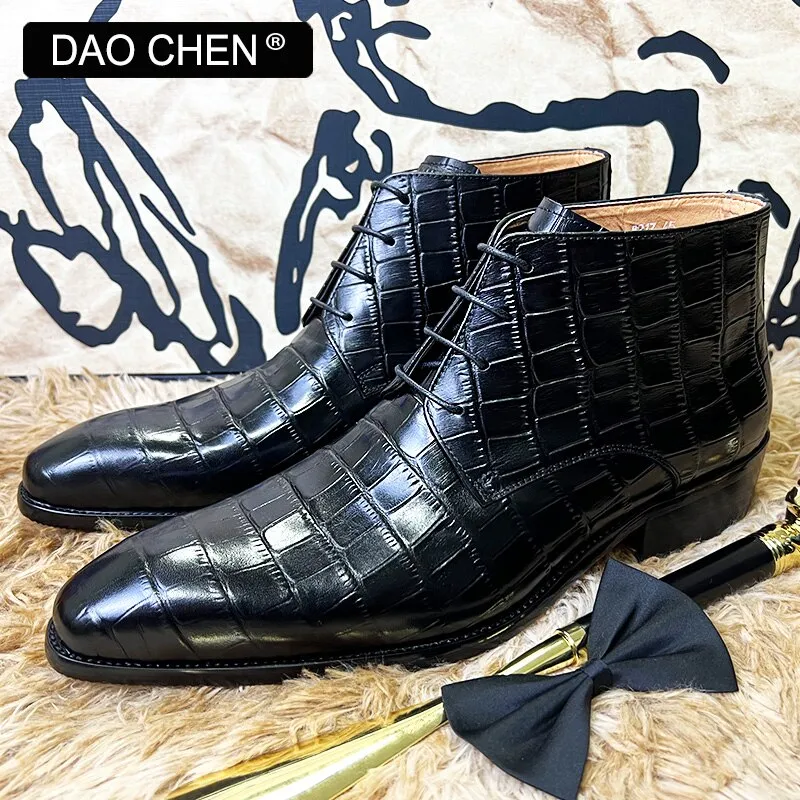 BLACK CROCODILE PRINT ANKLE LEATHER MAN BOOTS