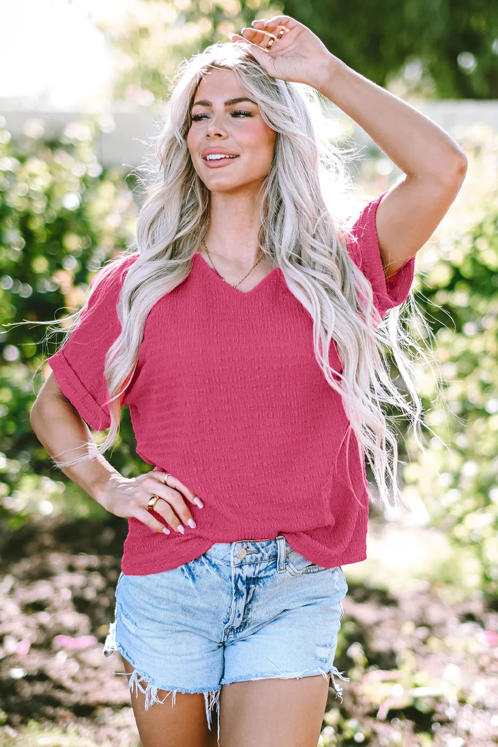 Bright Pink Textured Rolled Short Sleeve V Neck Top