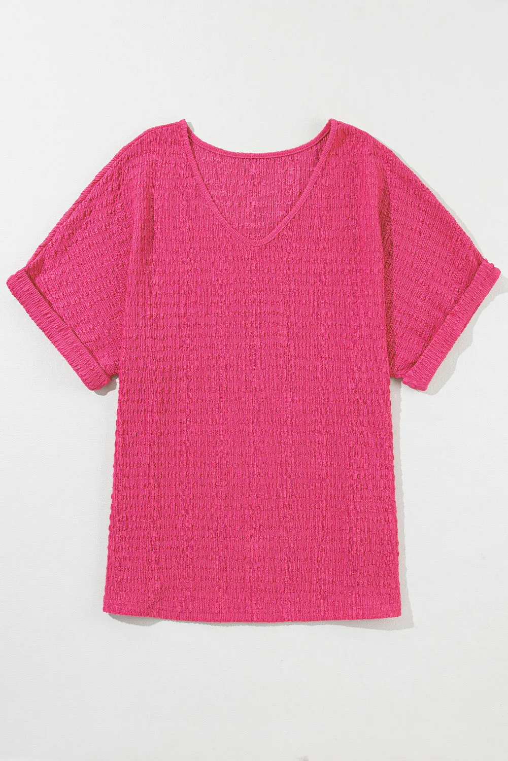 Bright Pink Textured Rolled Short Sleeve V Neck Top