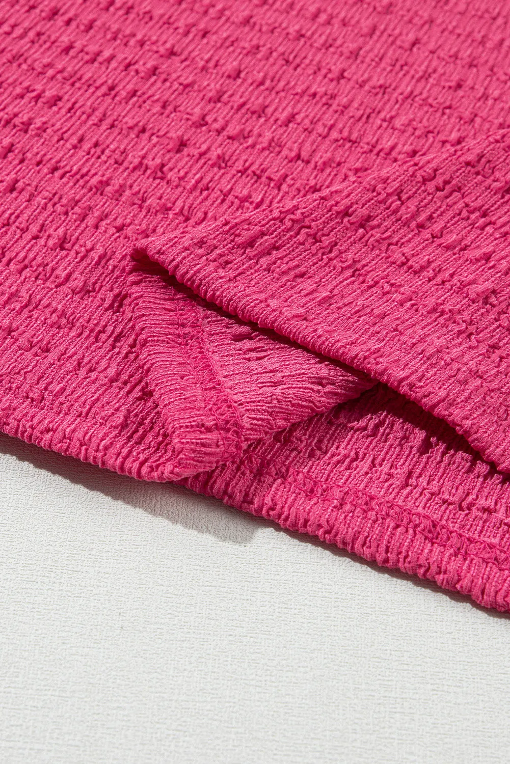 Bright Pink Textured Rolled Short Sleeve V Neck Top