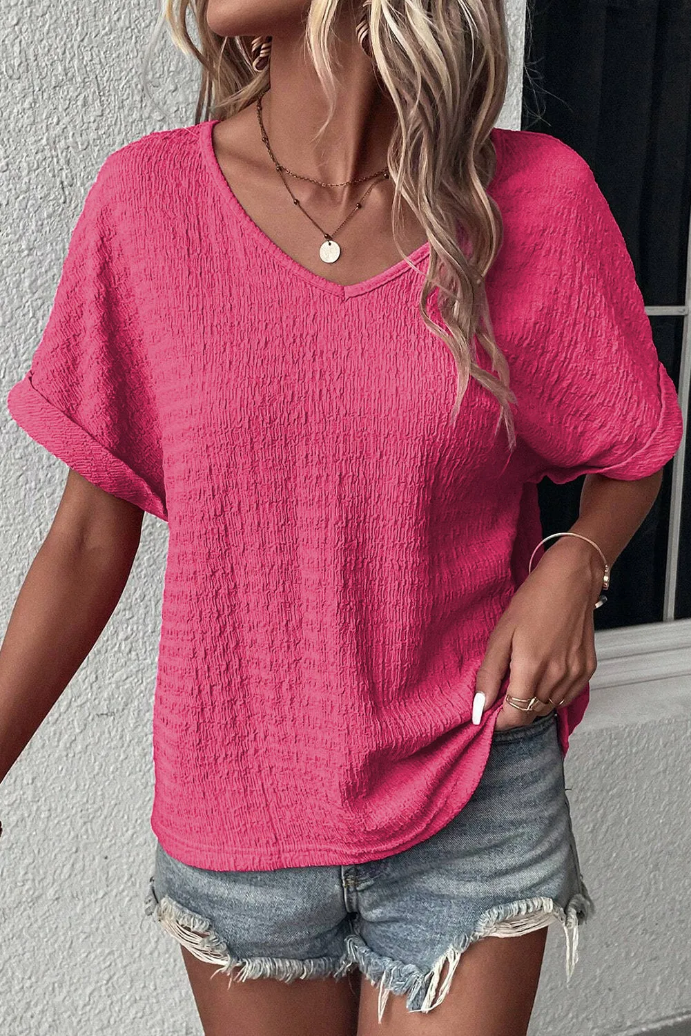 Bright Pink Textured Rolled Short Sleeve V Neck Top