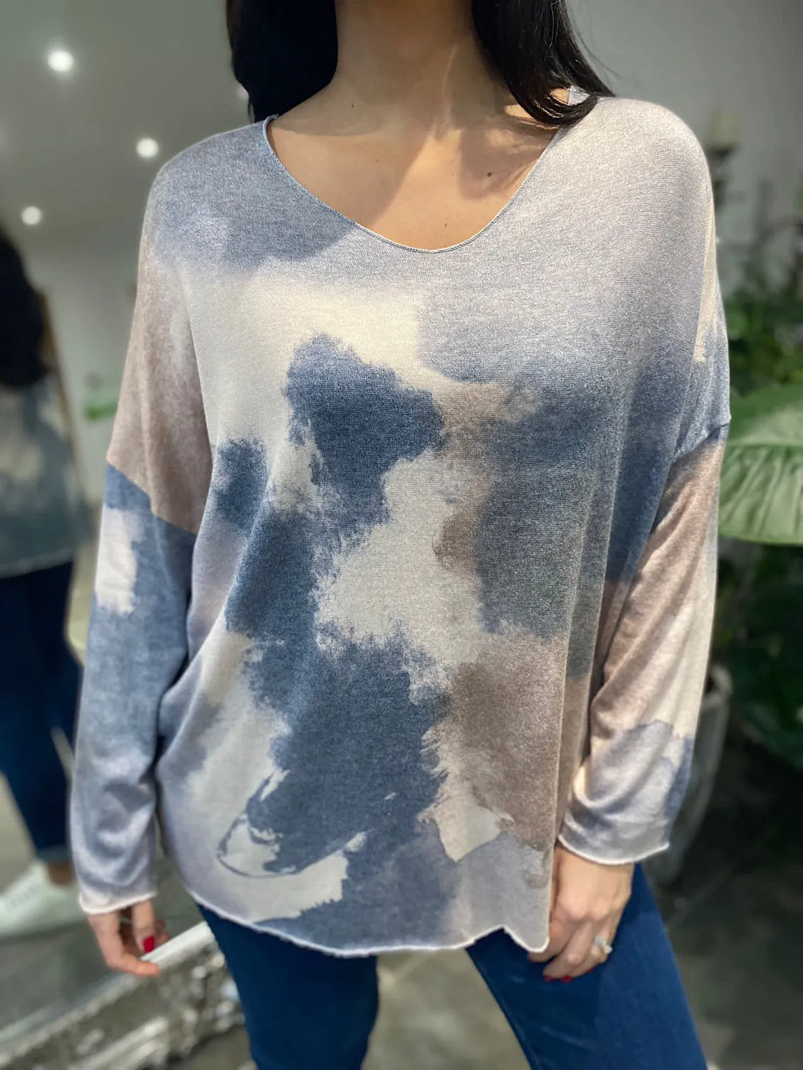 Denim Watercolour V Neck Top Vicky