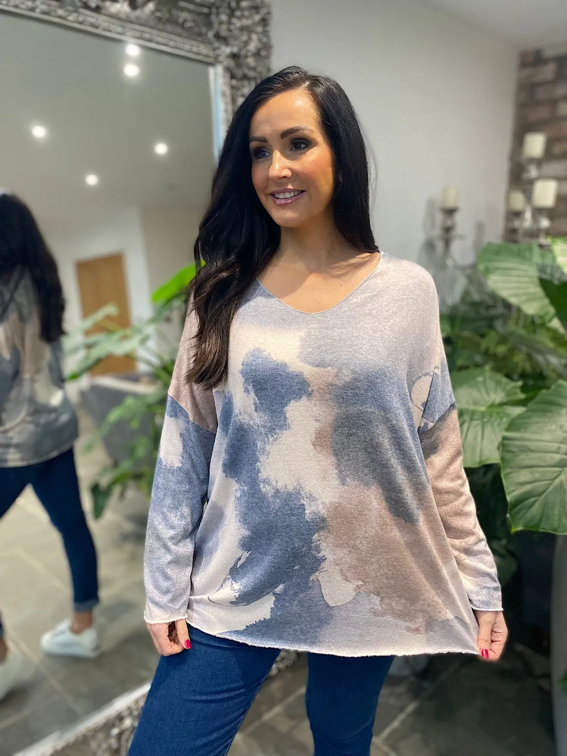 Denim Watercolour V Neck Top Vicky