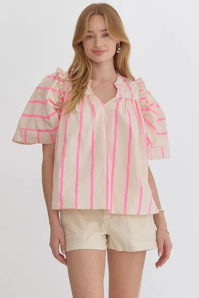 Entro Short Sleeve Striped V-Neck Top