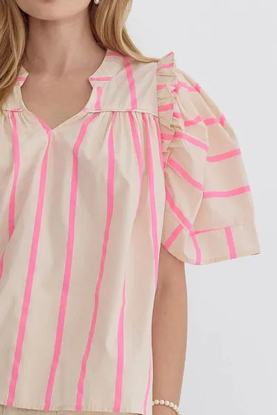 Entro Short Sleeve Striped V-Neck Top