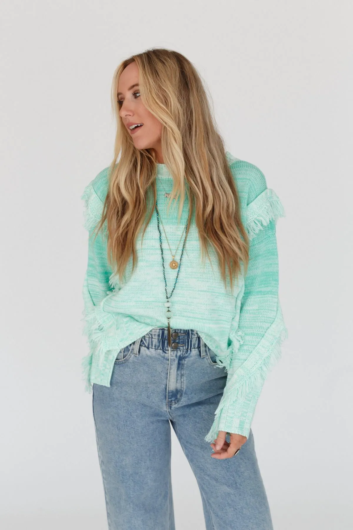 Fade Away Fringe Sweater - Seafoam