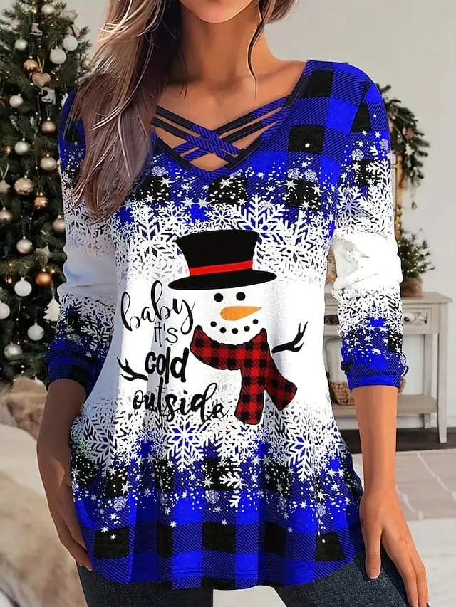 Festive Plaid Snowman and Snowflake Women's Long Sleeve Christmas T-shirt