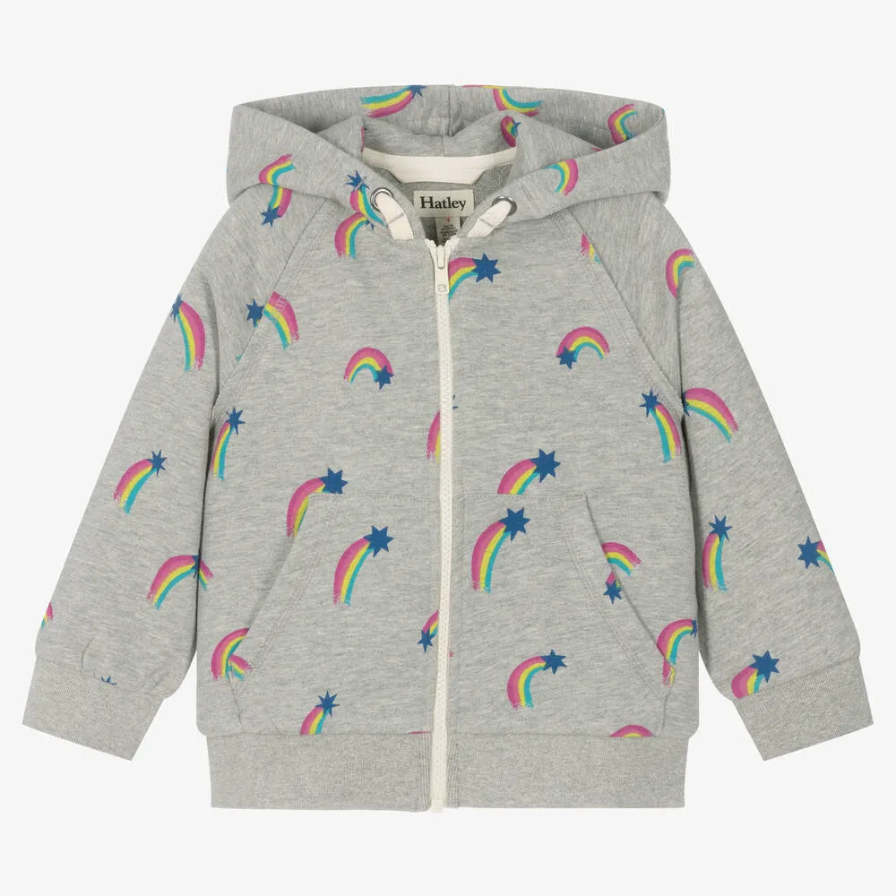 Girls Grey Cotton Rainbow Zip-Up Hoodie