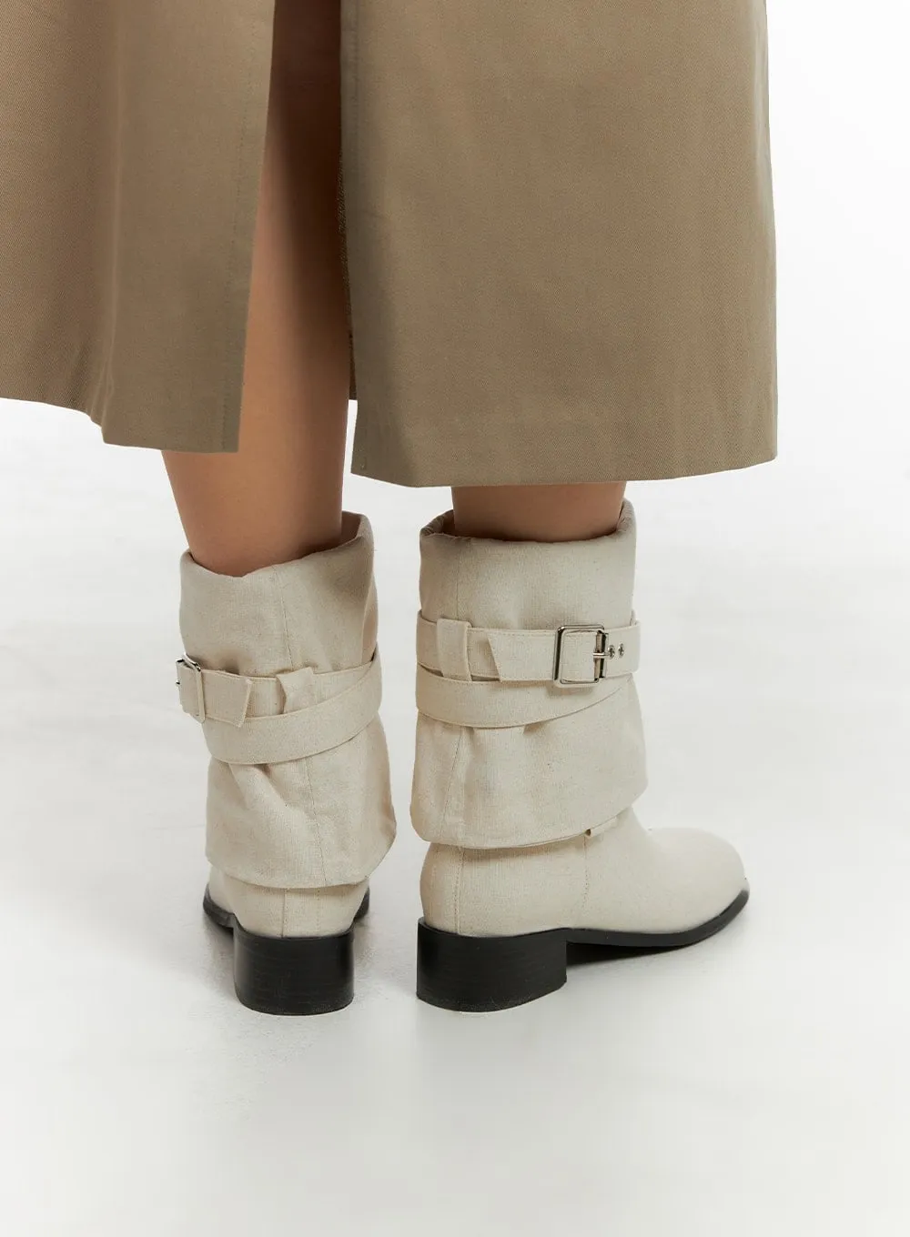 Linen Buckle Midi Boots CM422