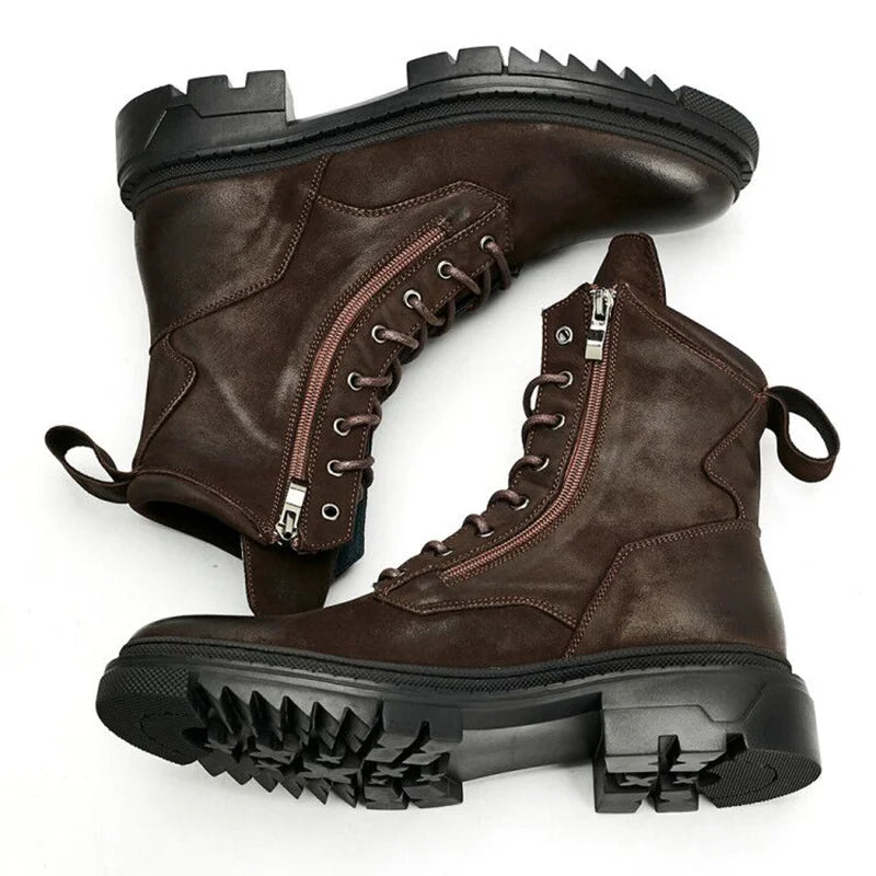 Men's Retro Genuine Leather Round Toe Motorcycle Mid-calf Winter Boots