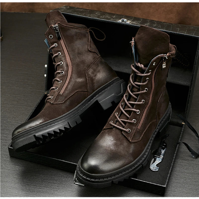 Men's Retro Genuine Leather Round Toe Motorcycle Mid-calf Winter Boots