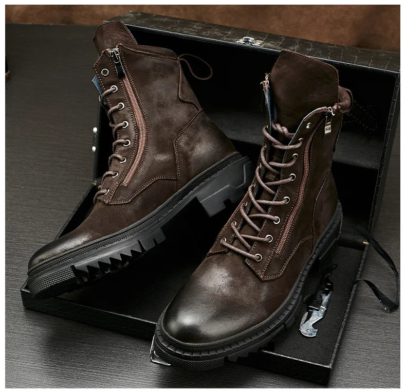 Men's Retro Genuine Leather Round Toe Motorcycle Mid-calf Winter Boots