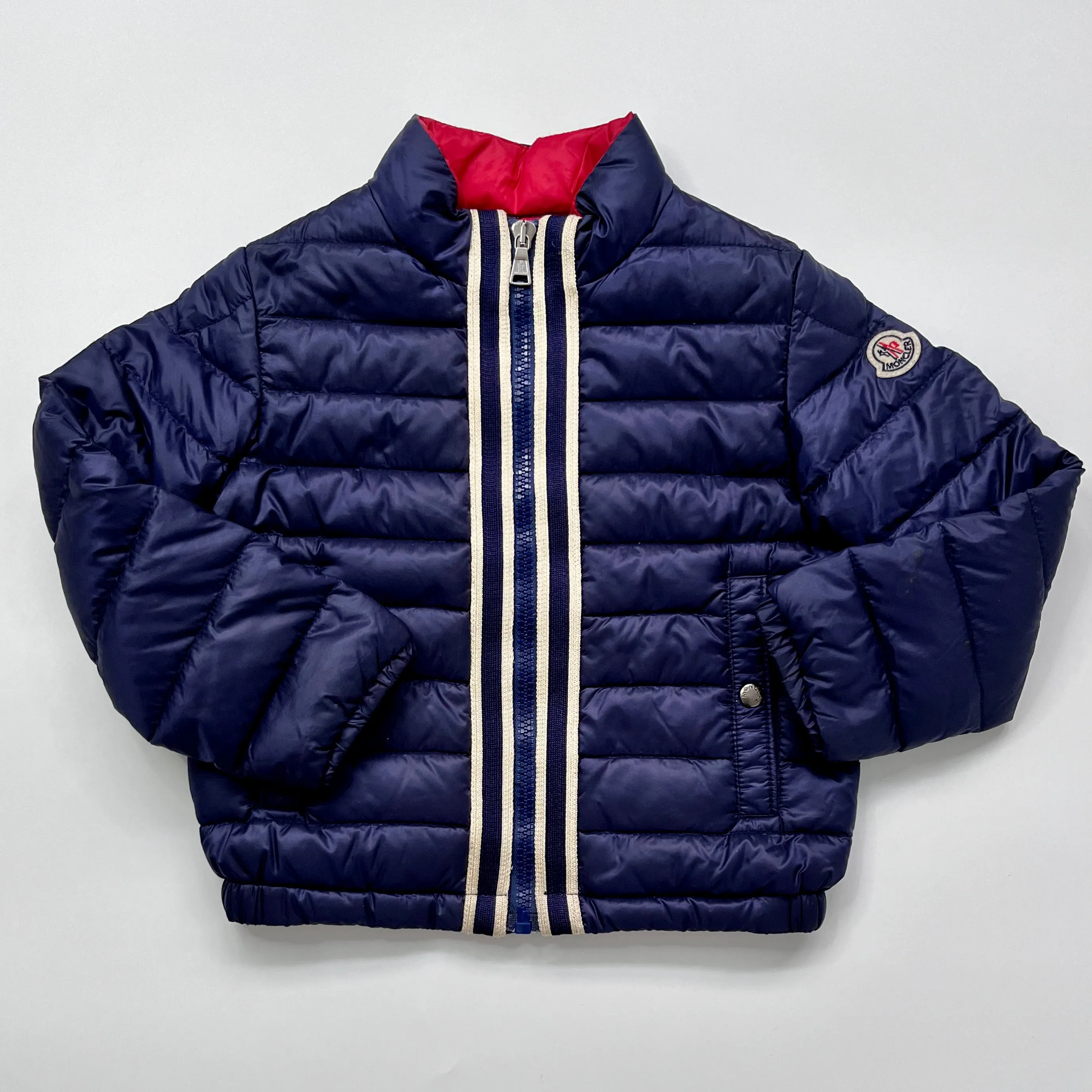 Moncler Navy Blue Down Filled Collarless Jacket: 4 Years