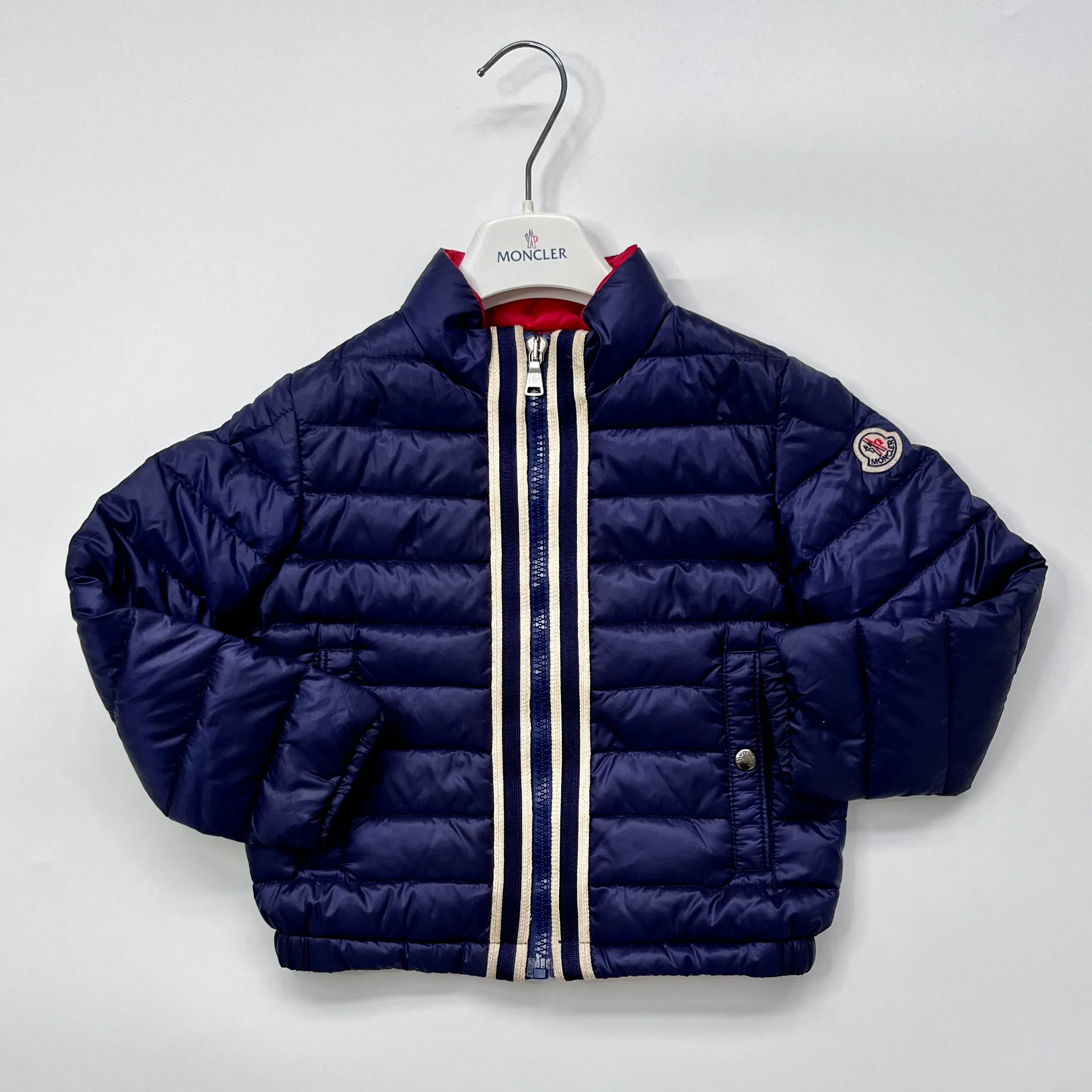 Moncler Navy Blue Down Filled Collarless Jacket: 4 Years