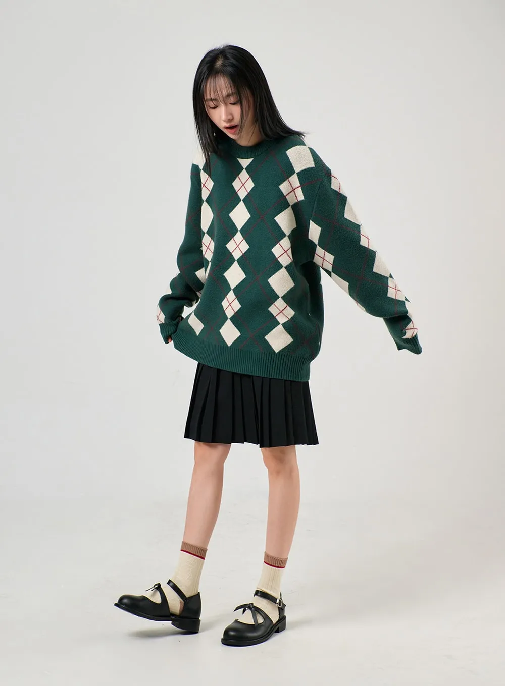 Oversized Argyle Knit Sweater OF405