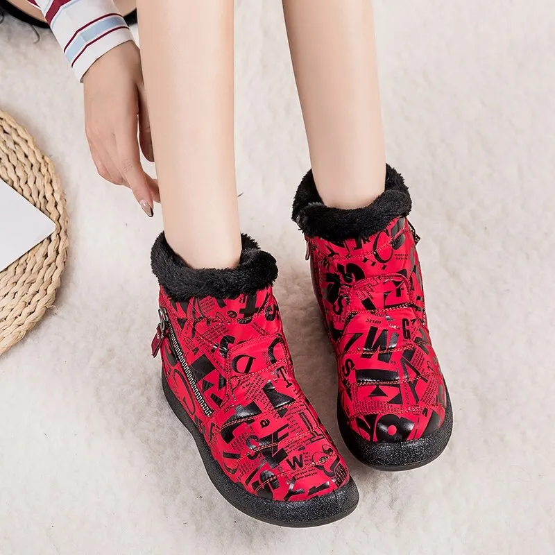 Red Warm Plush Zipper Round Toe Waterproof Ankle Boots for Women