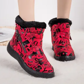 Red Warm Plush Zipper Round Toe Waterproof Ankle Boots for Women