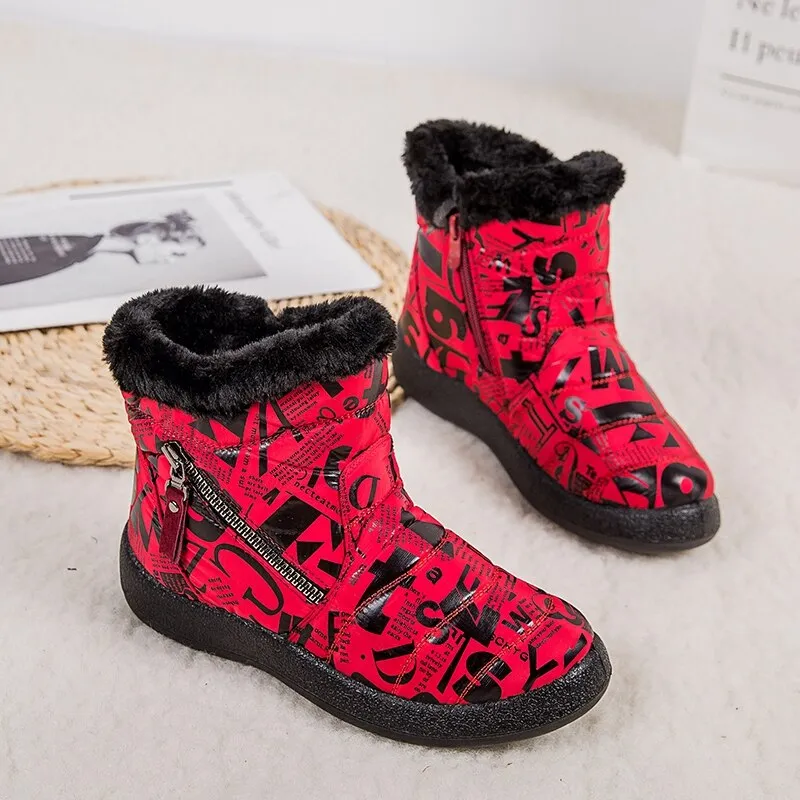 Red Warm Plush Zipper Round Toe Waterproof Ankle Boots for Women