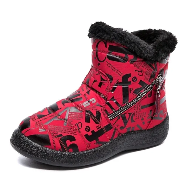 Red Warm Plush Zipper Round Toe Waterproof Ankle Boots for Women