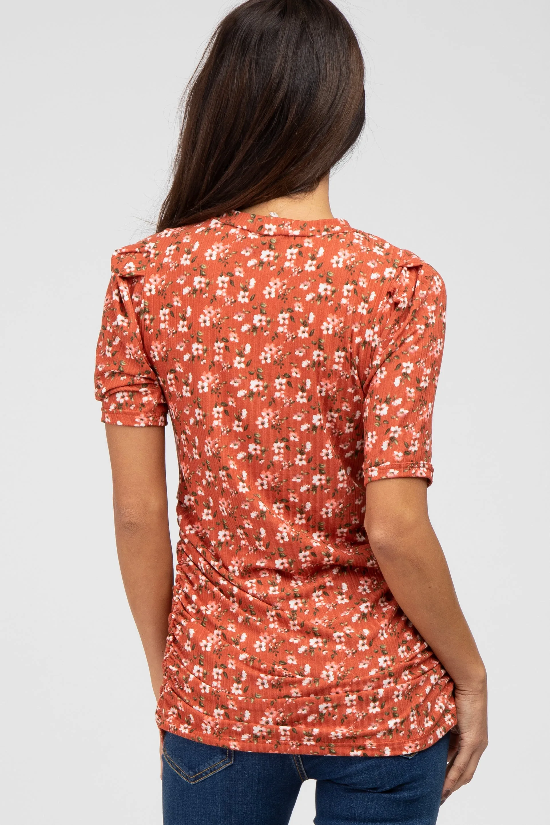 Rust Floral Ruched Ribbed Top