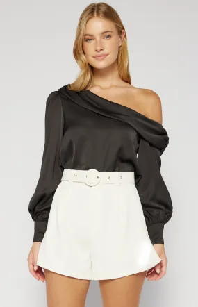 Satin One Shoulder Top with Bubble Sleeves (STO660B) 