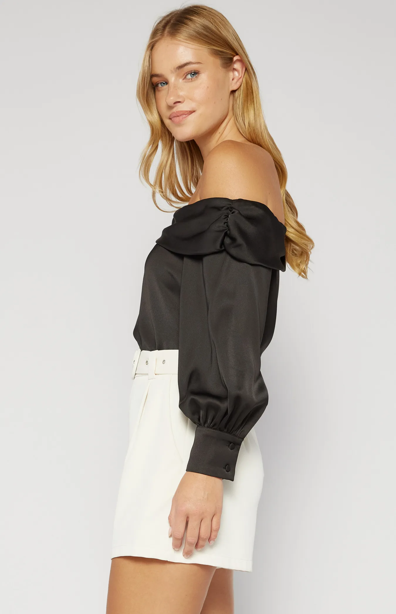 Satin One Shoulder Top with Bubble Sleeves (STO660B) 