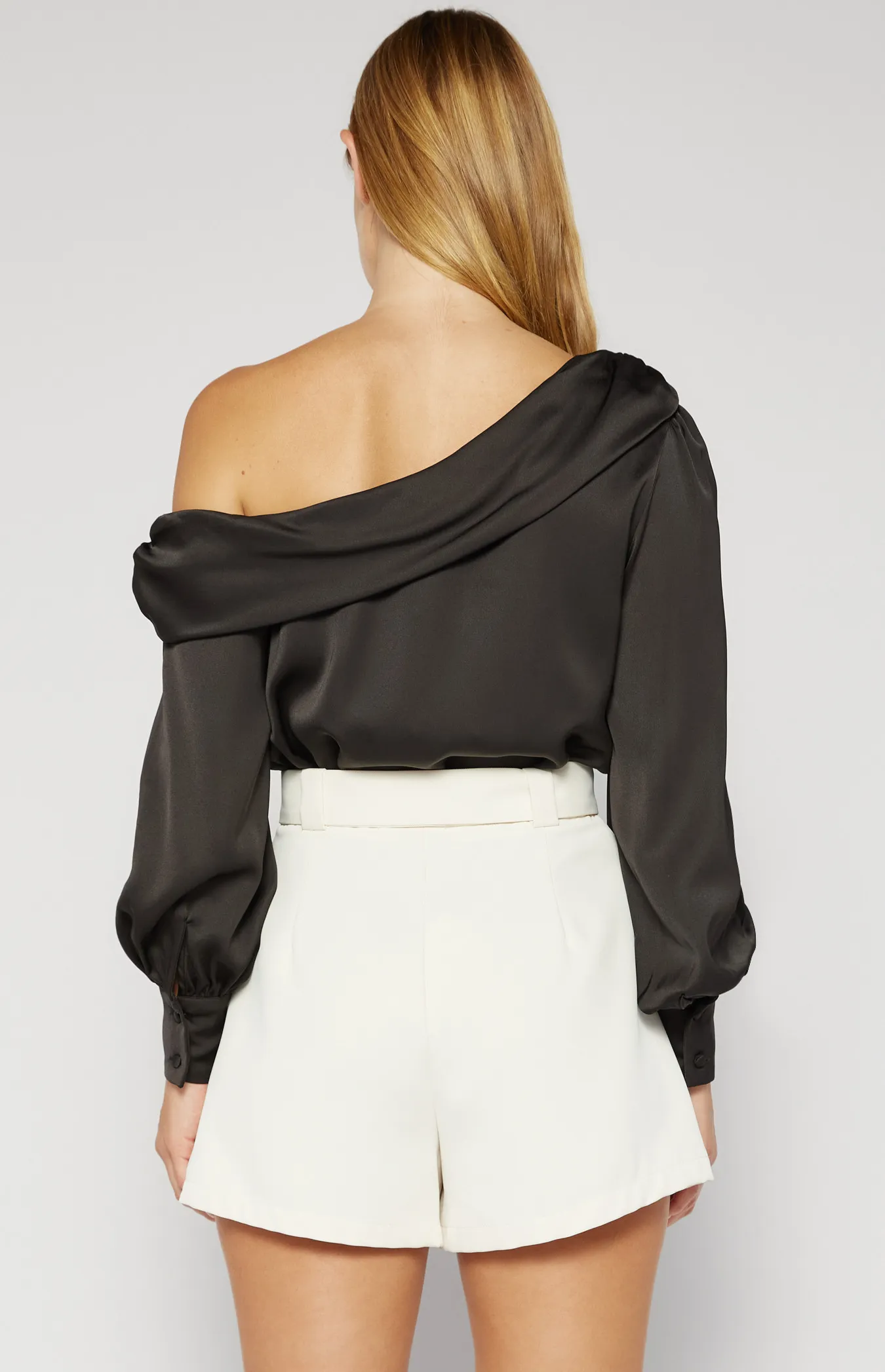 Satin One Shoulder Top with Bubble Sleeves (STO660B) 