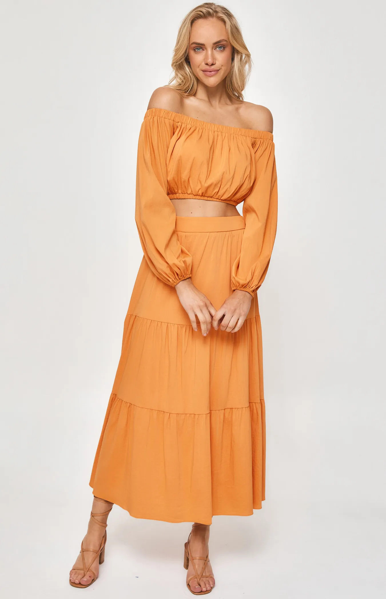 Set with Off the Shoulder Top and Tiered Maxi Skirt (SSE412A) 