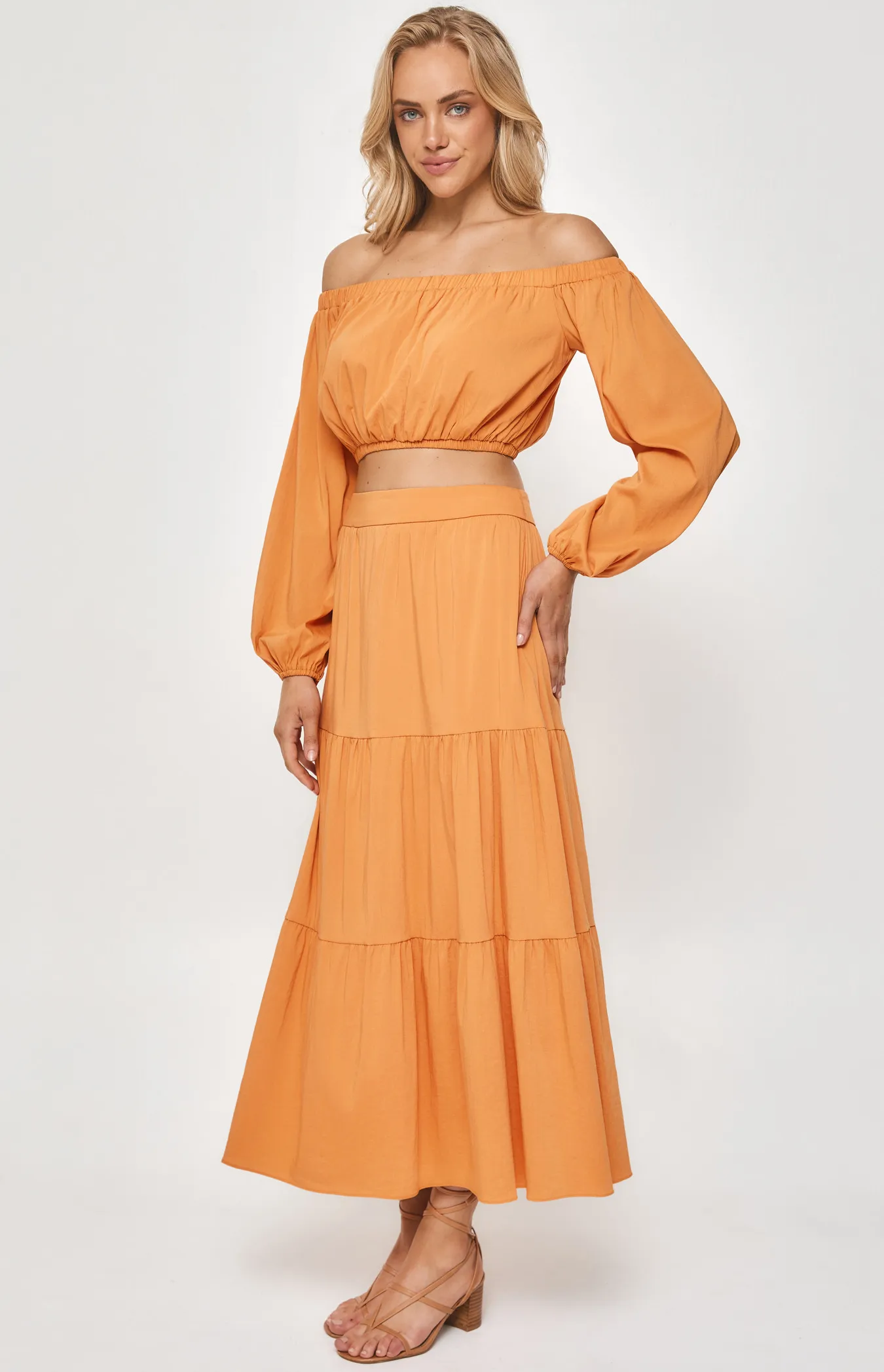 Set with Off the Shoulder Top and Tiered Maxi Skirt (SSE412A) 