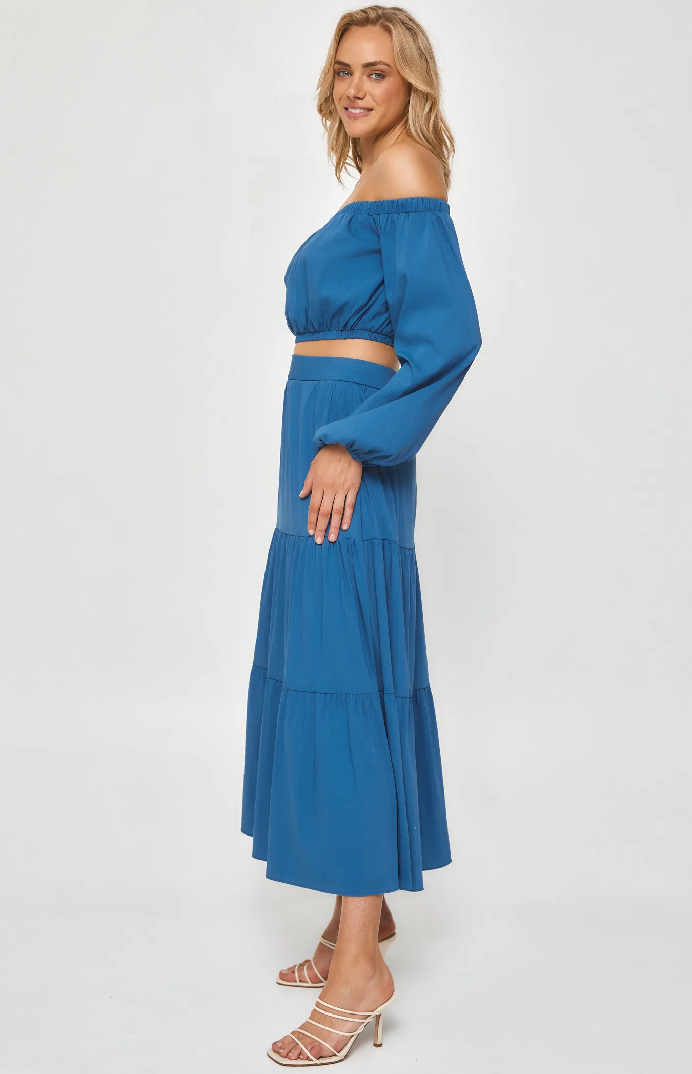 Set with Off the Shoulder Top and Tiered Maxi Skirt (SSE412A) 