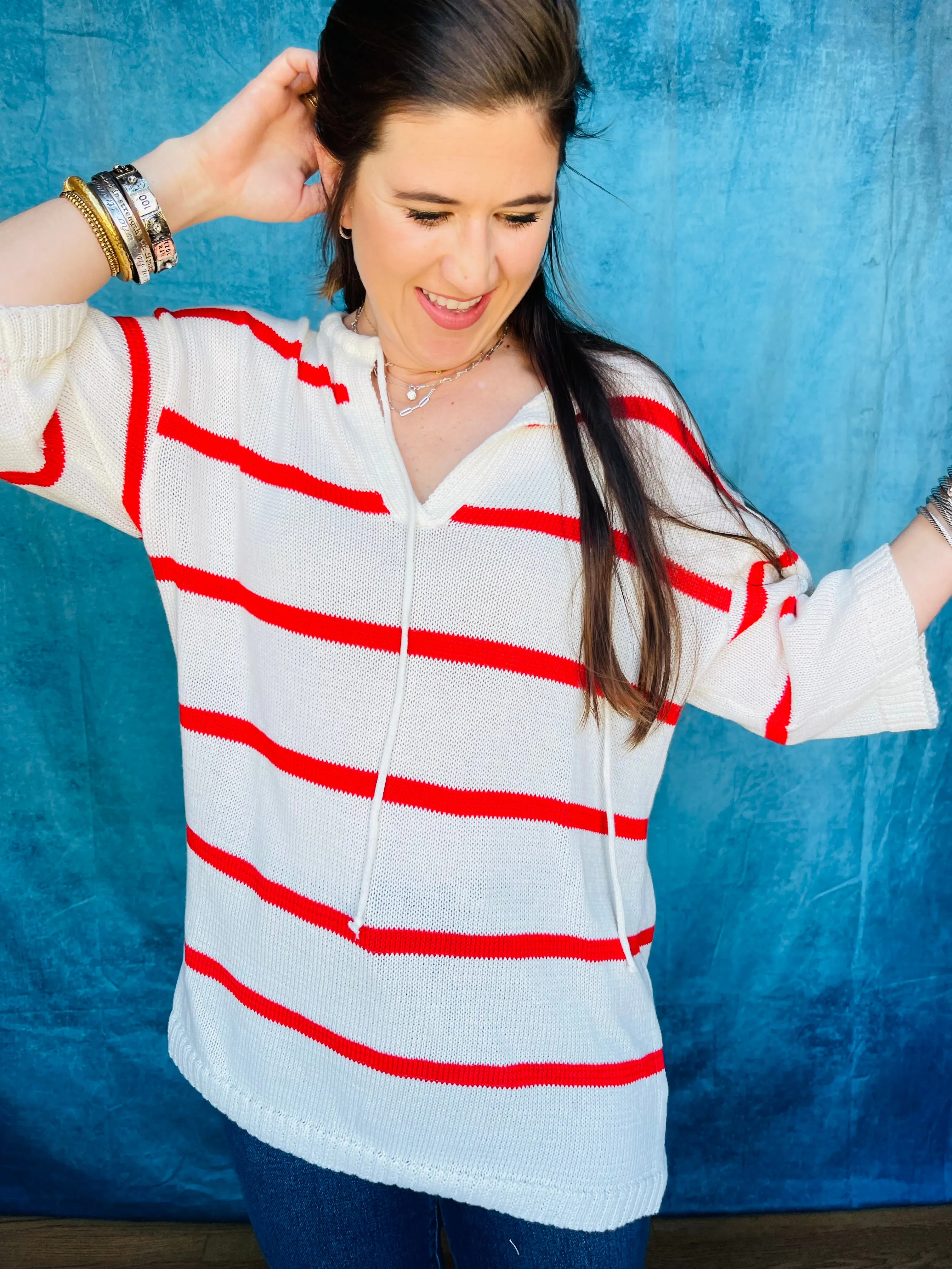 Striped 3/4 Sleeve V-Neck Top