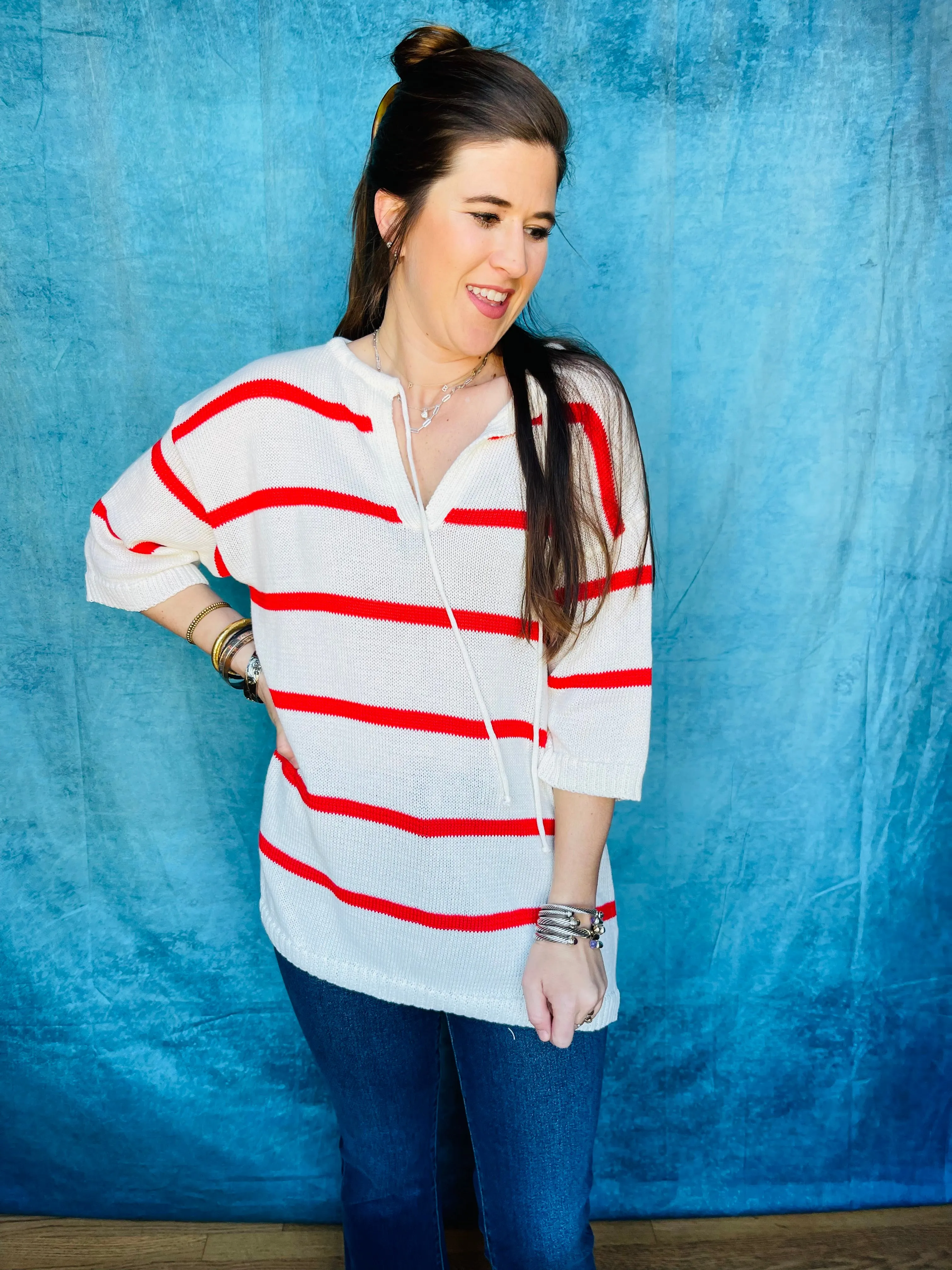 Striped 3/4 Sleeve V-Neck Top