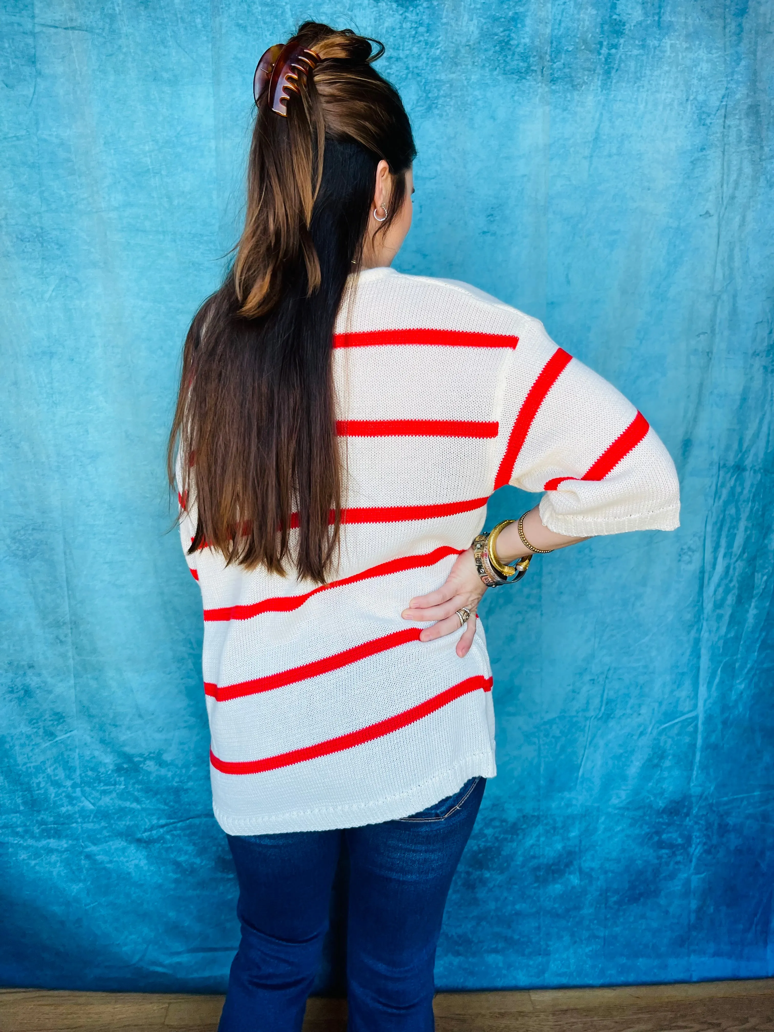 Striped 3/4 Sleeve V-Neck Top