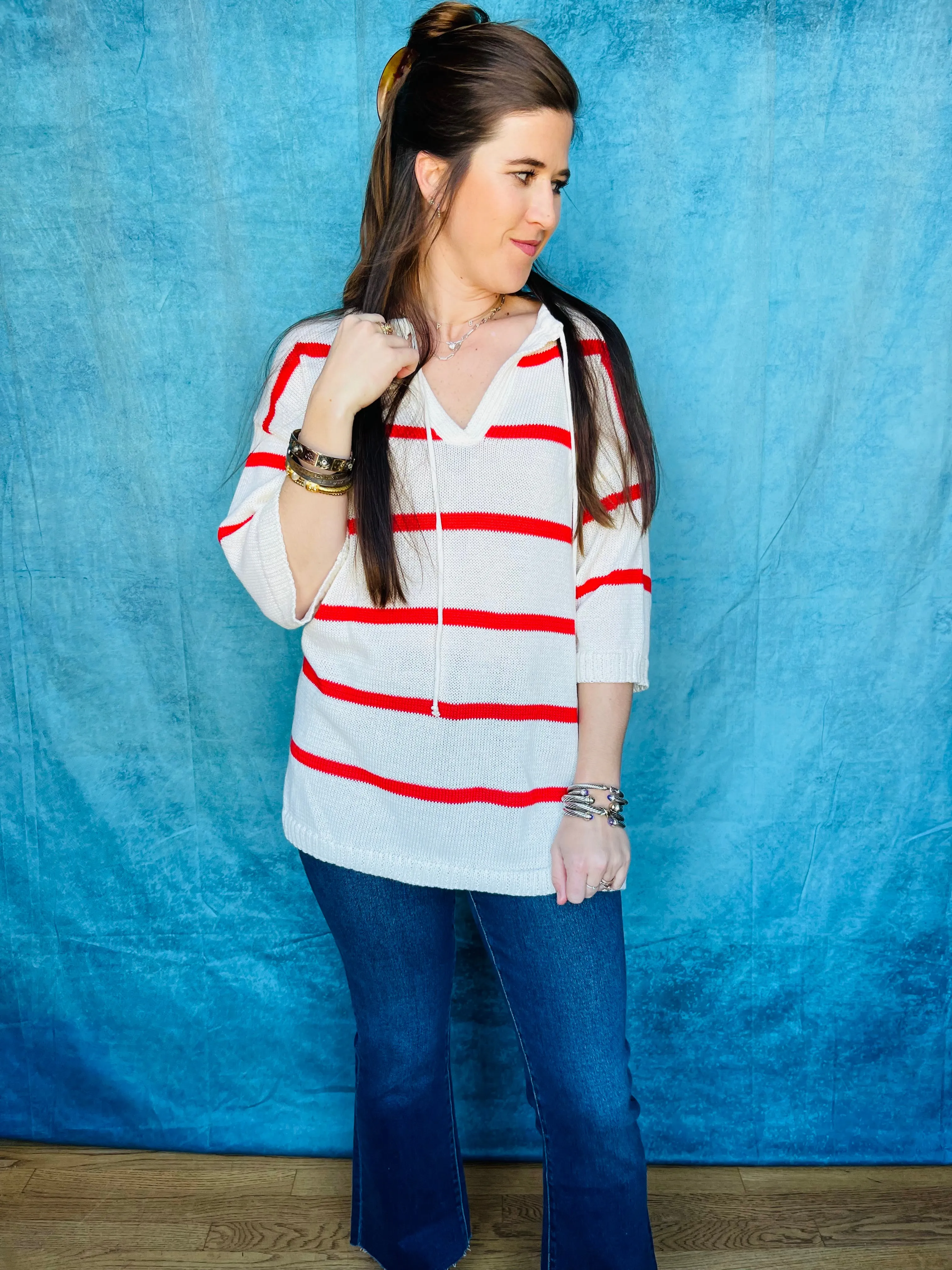 Striped 3/4 Sleeve V-Neck Top