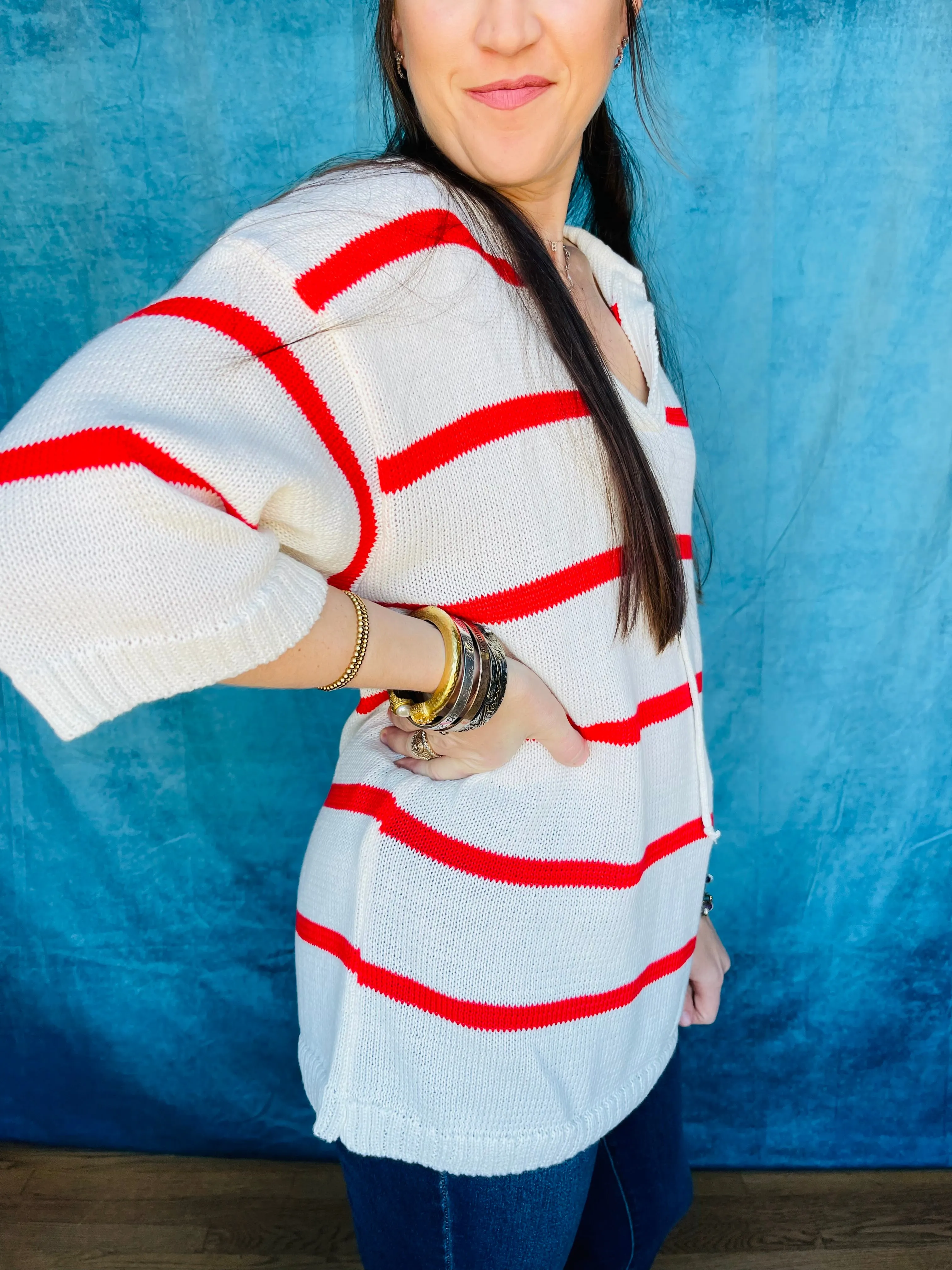 Striped 3/4 Sleeve V-Neck Top