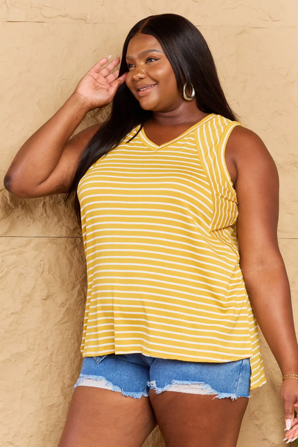 Talk To Me Striped Sleeveless V-Neck Top (MADE IN USA)