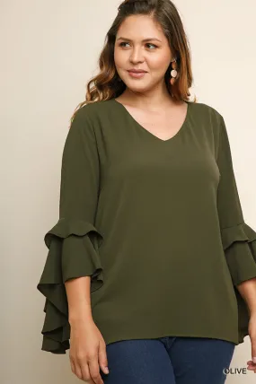 Umgee Ruffle Bell Sleeve V Neck Top-PLUS SIZE