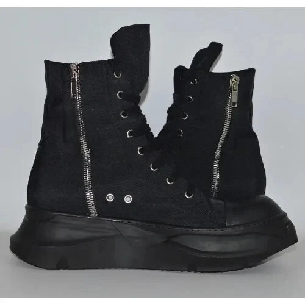 Unisex Black Brown Canvas Lace-up Casual Height Increasing Zipper Boots