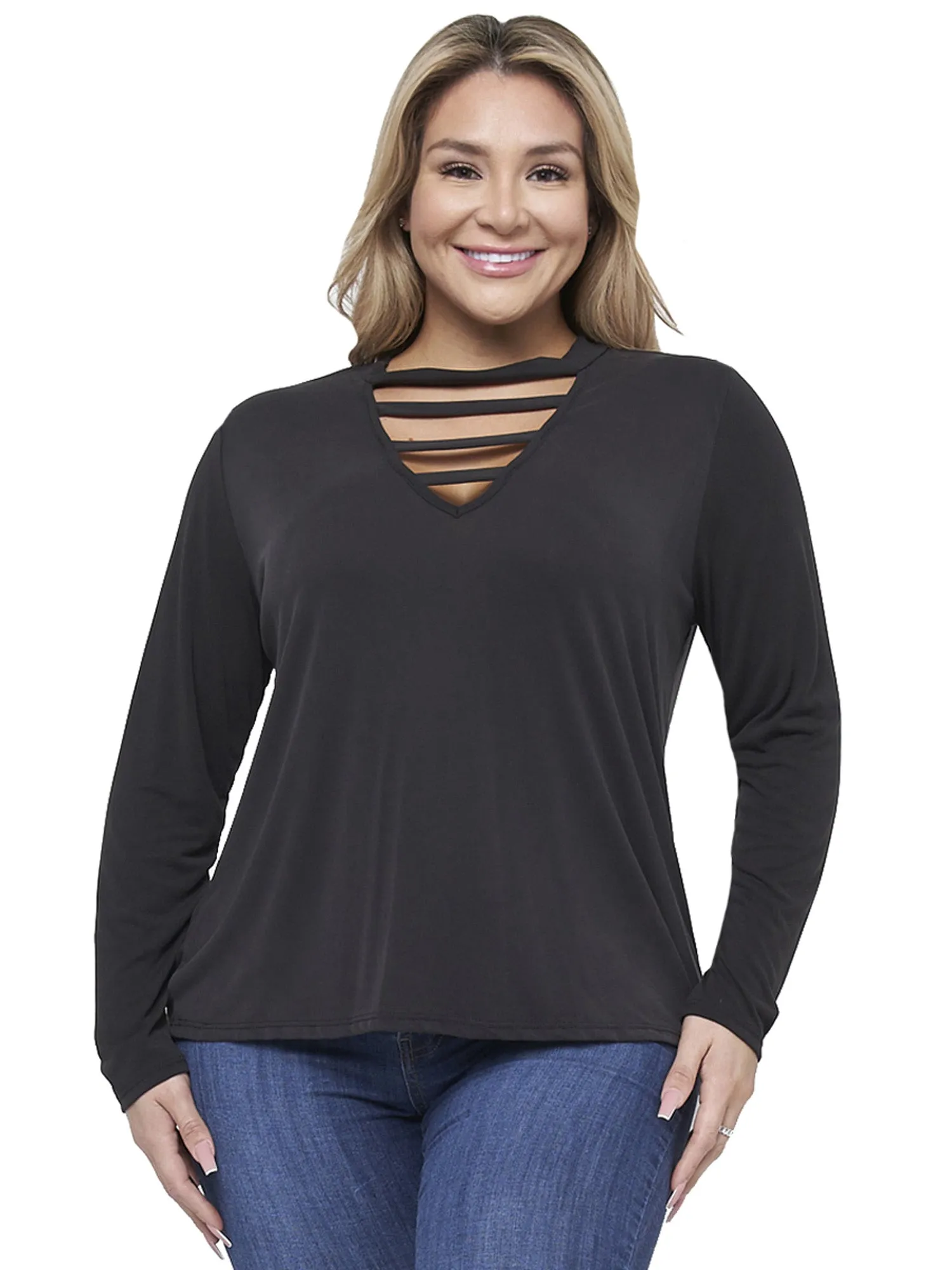 Womens Plus Size Long Sleeve Strappy V-Neck Top