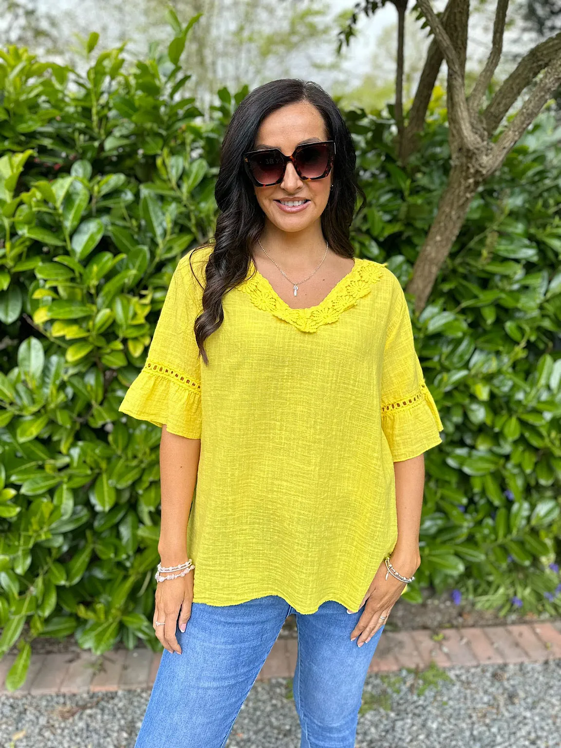 Yellow Daisy Crochet V Neck Top Zoe